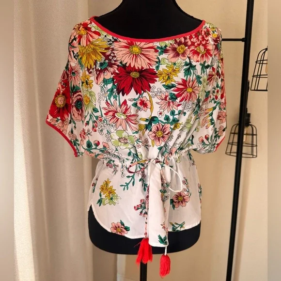 Anthropologie Floral Dolman Sleeve Crop Blouse Top Small Tassels Size XS - Picture 1 of 12